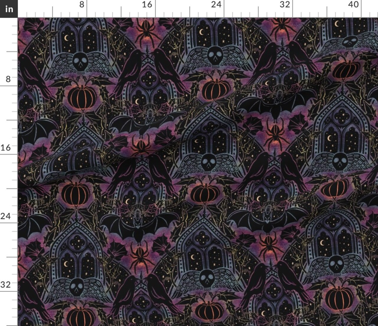 Various Fabrics by the Yard or Fat Quarter Raven Damask Spooky Bat Witch Skull Pumpkin Crescent Moon Ghosts Night Sky October Gothic Halloween Flower Custom Printed Fabric by Spoonflower